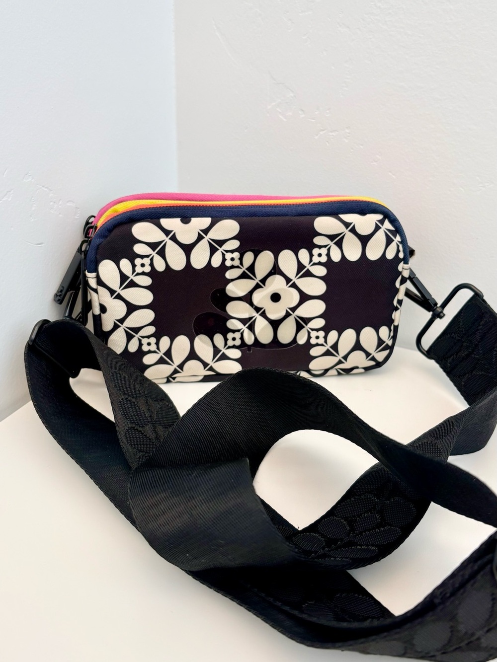 Orla Kiely Black & White Floral Crossbody Bag with Pink Accent